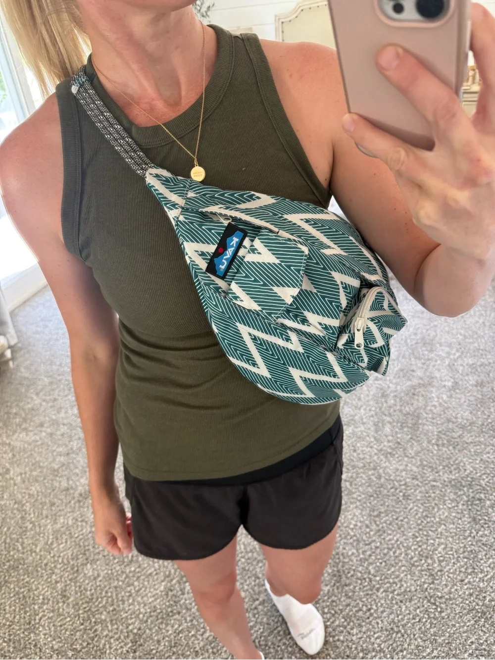 Kavu Teal and Cream Chevron Sling Backpack / Crossbody